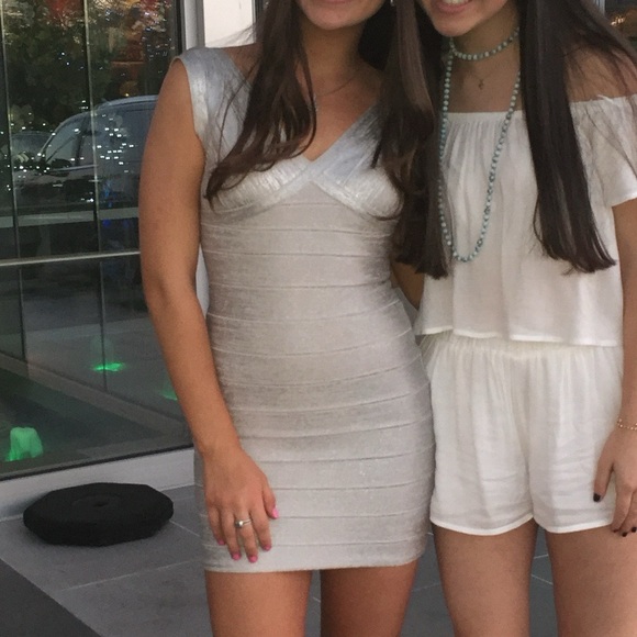 Herve Leger Metallic Silver Plunge Bandage Dress - Picture 6 of 6